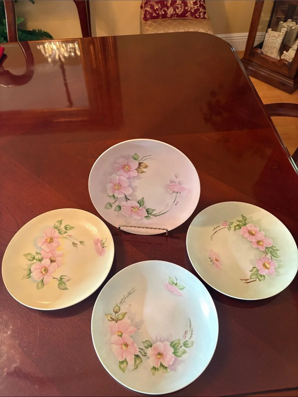 Vintage Hand-Painted Pink Floral 7 3/4”Porcelain Dessert Plates - Set of 4